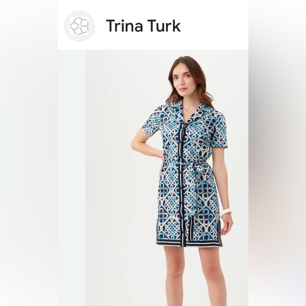 Trina Turk Blue Button Down Collar Mini Dress with sash.